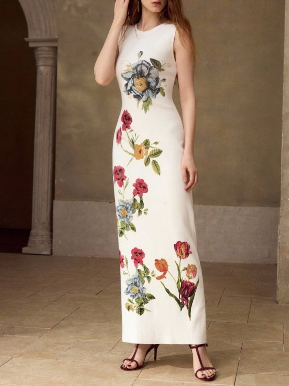 Ivory Floral Print Knit Sweater Maxi Dress, Sleeveless Slim Fit